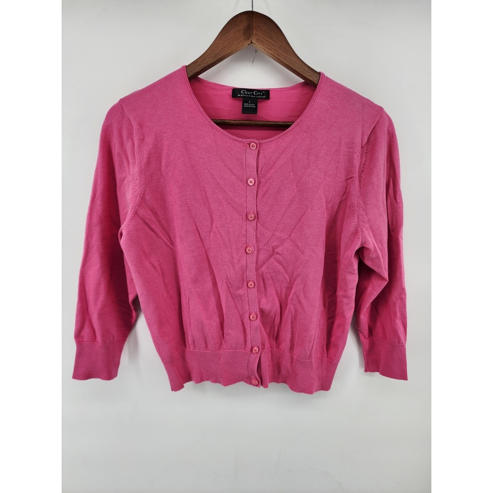C'est City Pink Button Front 3/4 Sleeve Knit Cardigan Sweater Size L